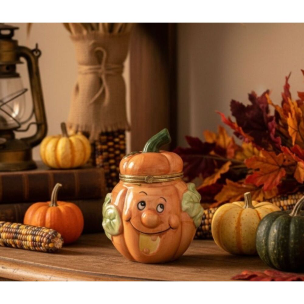 Anthropomorphic Ceramic Hinge Lid Smiling Face Pumpkin 6" Trinket Bx Autumn Fall